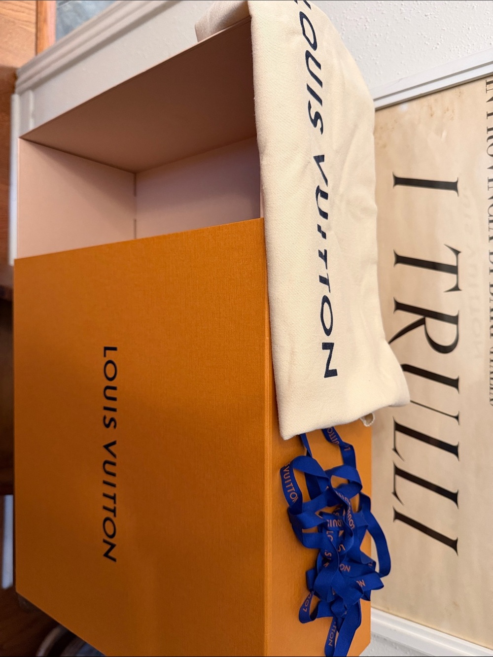Louis Vuitton Large Orange Box with Cream Dust Bag and Blue Ribbon